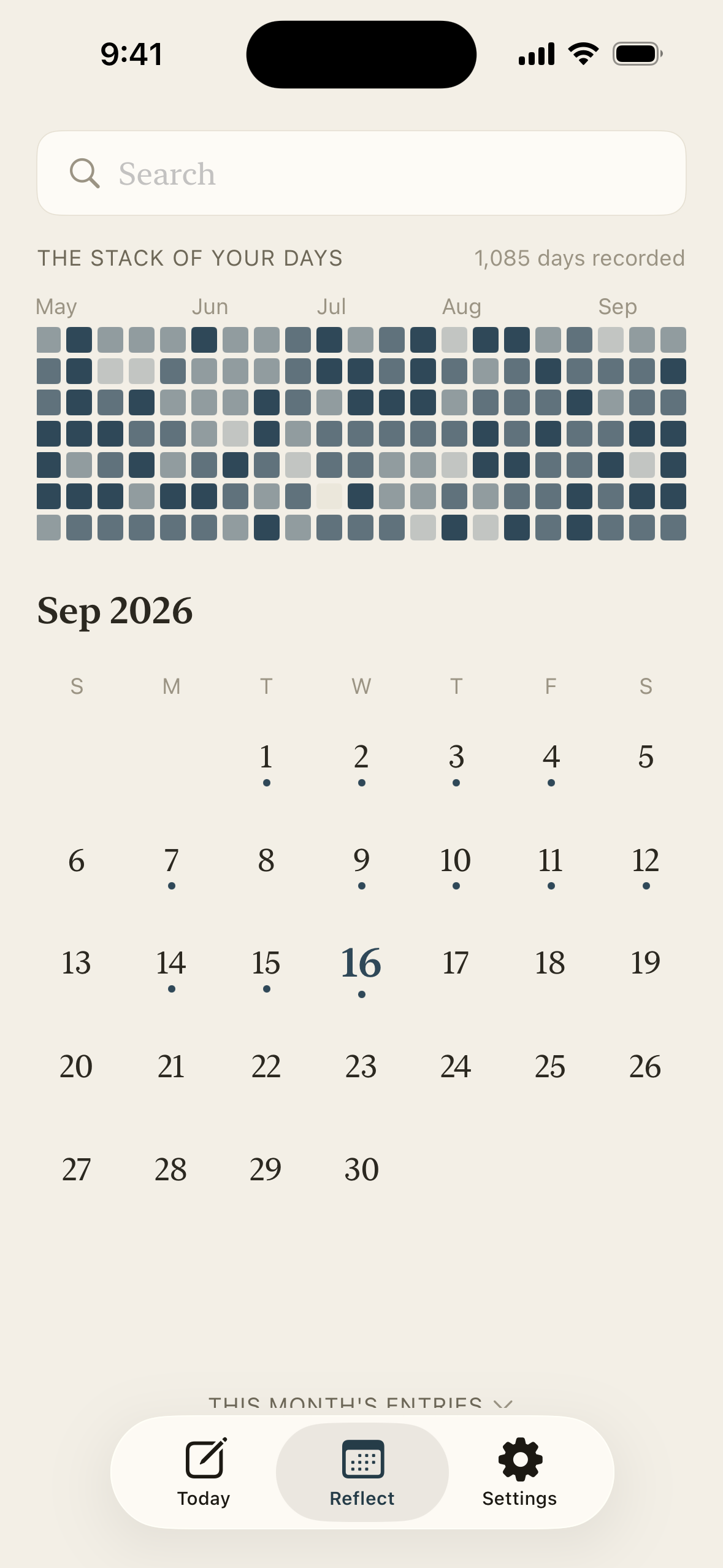 Reflect screen: the stack of your days and a calendar
