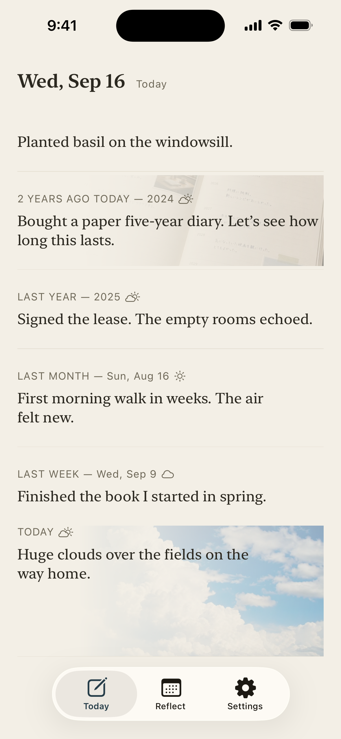 Inkline Today screen: last week, last month and past years stacked above today’s line